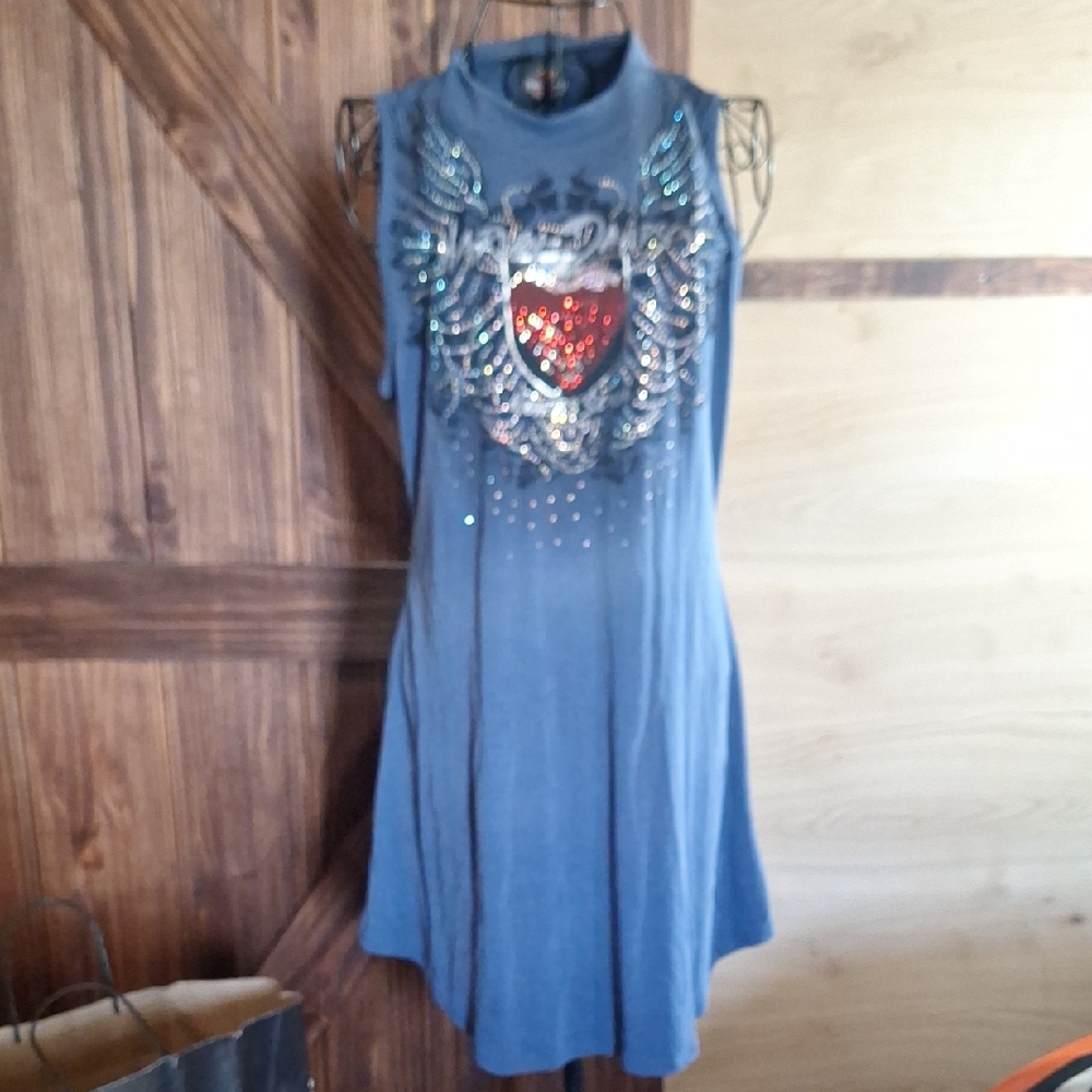 NWT Harley-Davidson Blue Sleeveless Tank w/ Red Sequin Heart & Wing Embellish